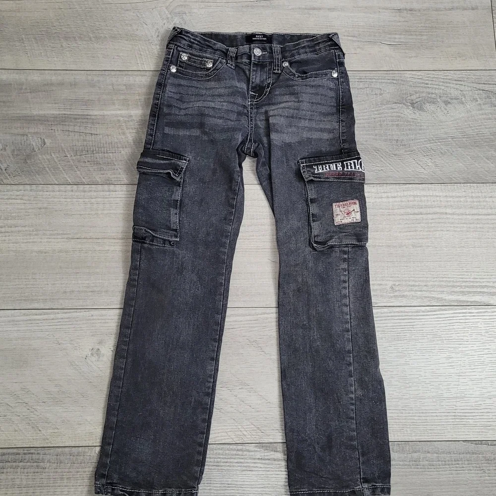 👖True Religion Jeans Boy 10 Shadow Grey Ricky Relaxed Straight Cargo Whiskering